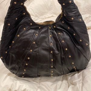 GOLDENBLEU black leather purse semi circular bag  with gold tone studs all over